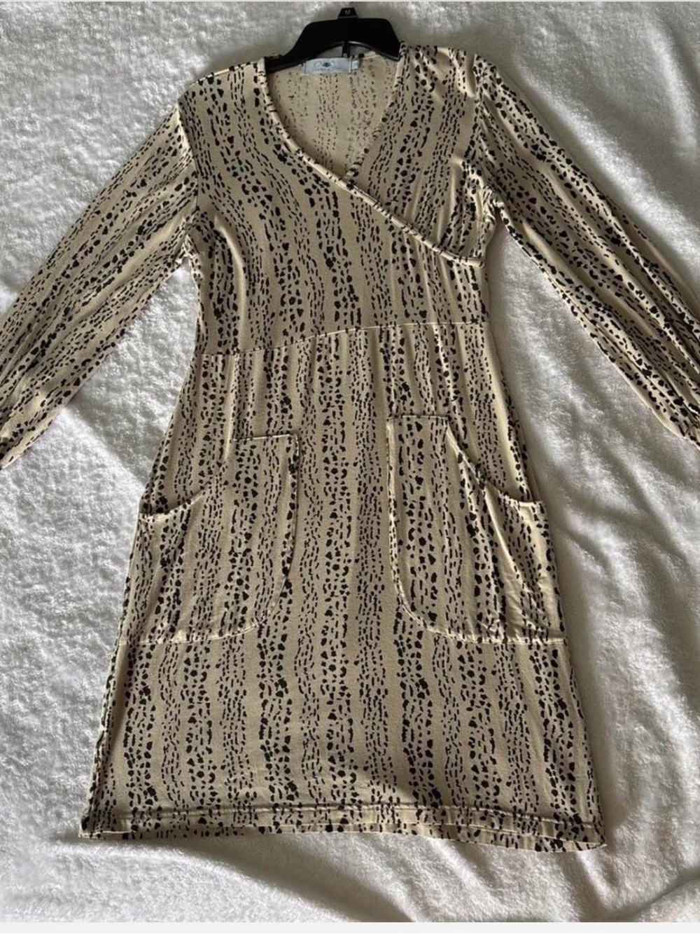 Beige Printed Long-Sleeve Wrap-Style Women's Dress with Pockets